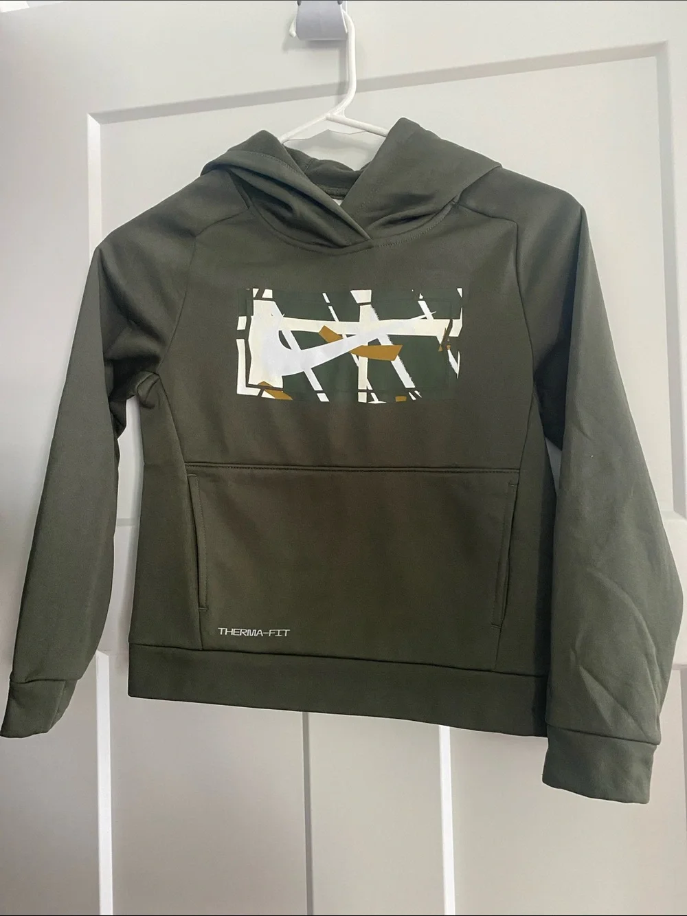 Nike Kids Olive Green Therma-Fit Hoodie with White & Gold Swoosh Graphic
